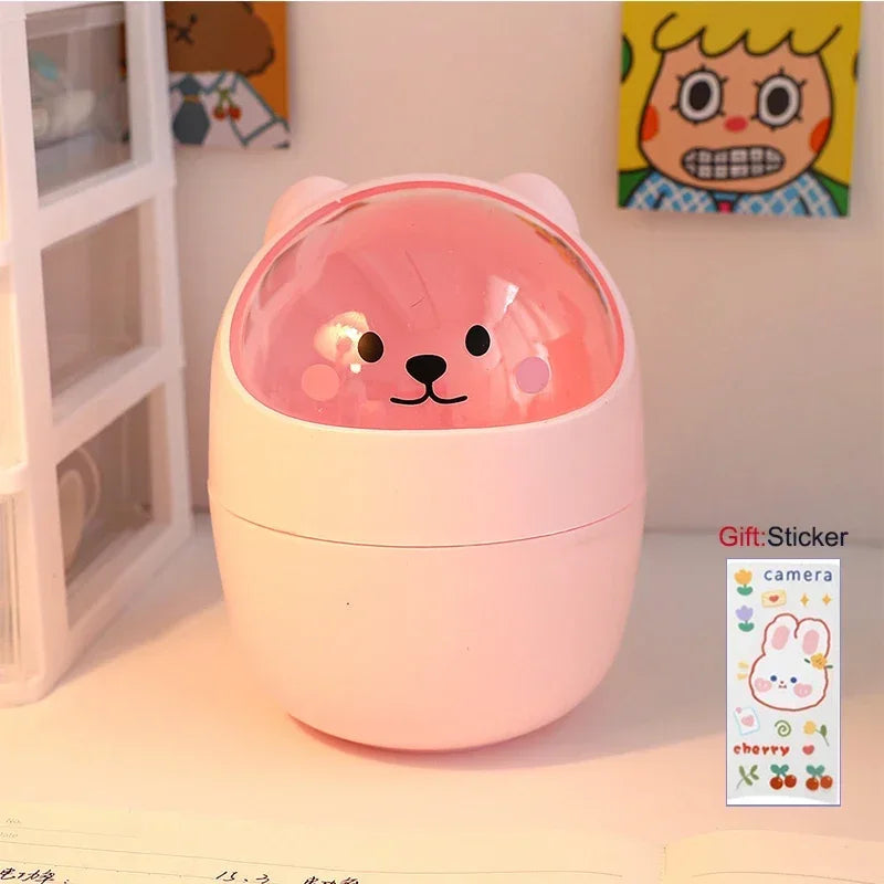 Corbeille à Papier Mini Mignonne Kawaii de Bureau Maison Créative avec Couvercle Boîte de Rangement de Bureau pour Chambre Porte-Stylo avec Autocollant Offert