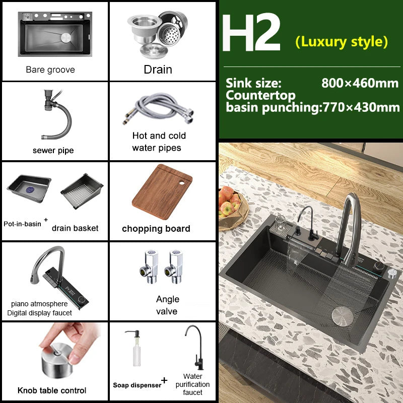 Stainless Steel Waterfall Kitchen Sink Digital Display Large Single Slot Dishwashing Sinks Overseas Warehouse Shipping
