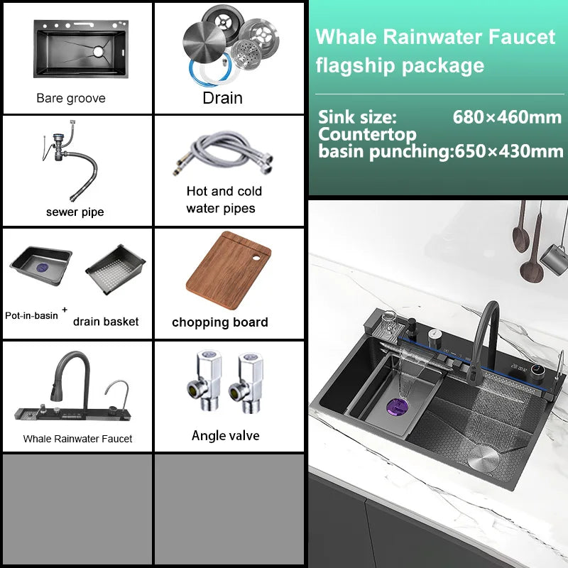 Stainless Steel Waterfall Kitchen Sink Extra Large Single Bowl Digital Display Multifunctional Dishwashing sinks