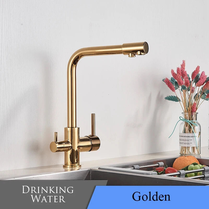 Chrome Kitchen Faucet Dual Swivel Spout Drinking Water Filter Brass Purifier Vessel Sink Mixer Tap Hot and Cold Water Torneira