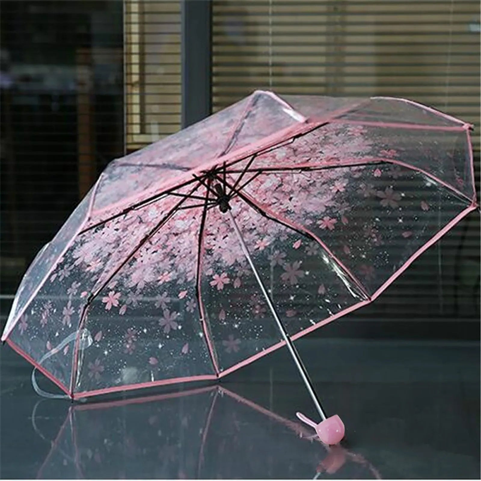 Transparent Clear Umbrella 3 Fold Umbrella Pink, Green, Blue, And Purple Flowers, Cherry Blossom Transparent And Sunny Umbrellas