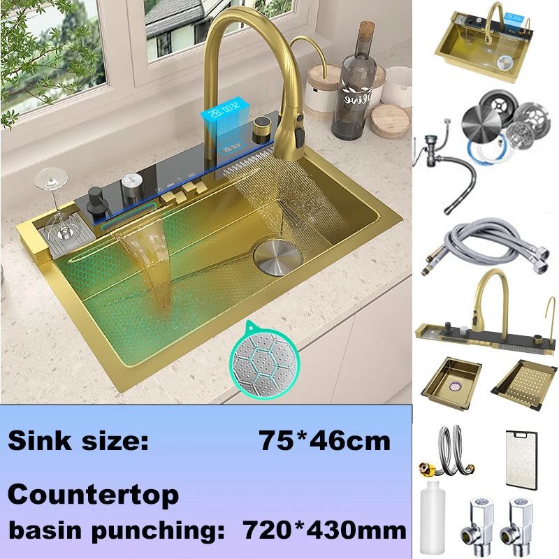 Gold Stainless Steel Kitchen Sink Scratch Wear Resistant Household Wash Dish Basin With Digital Display Large Single Slot