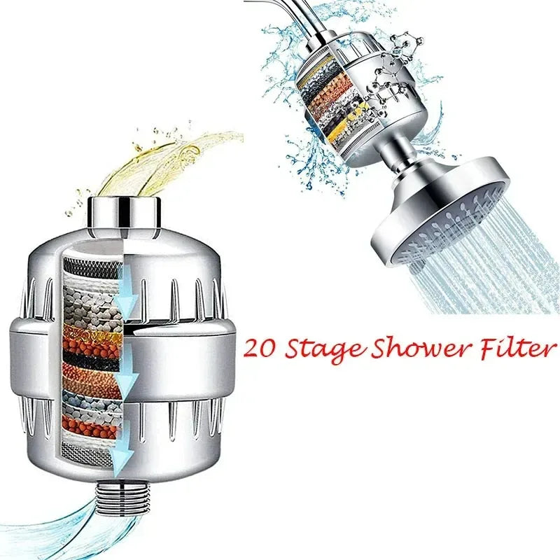 20-Stage Shower Water Purification Filter — Removes Chlorine for Softer Skin & Shinier Hair