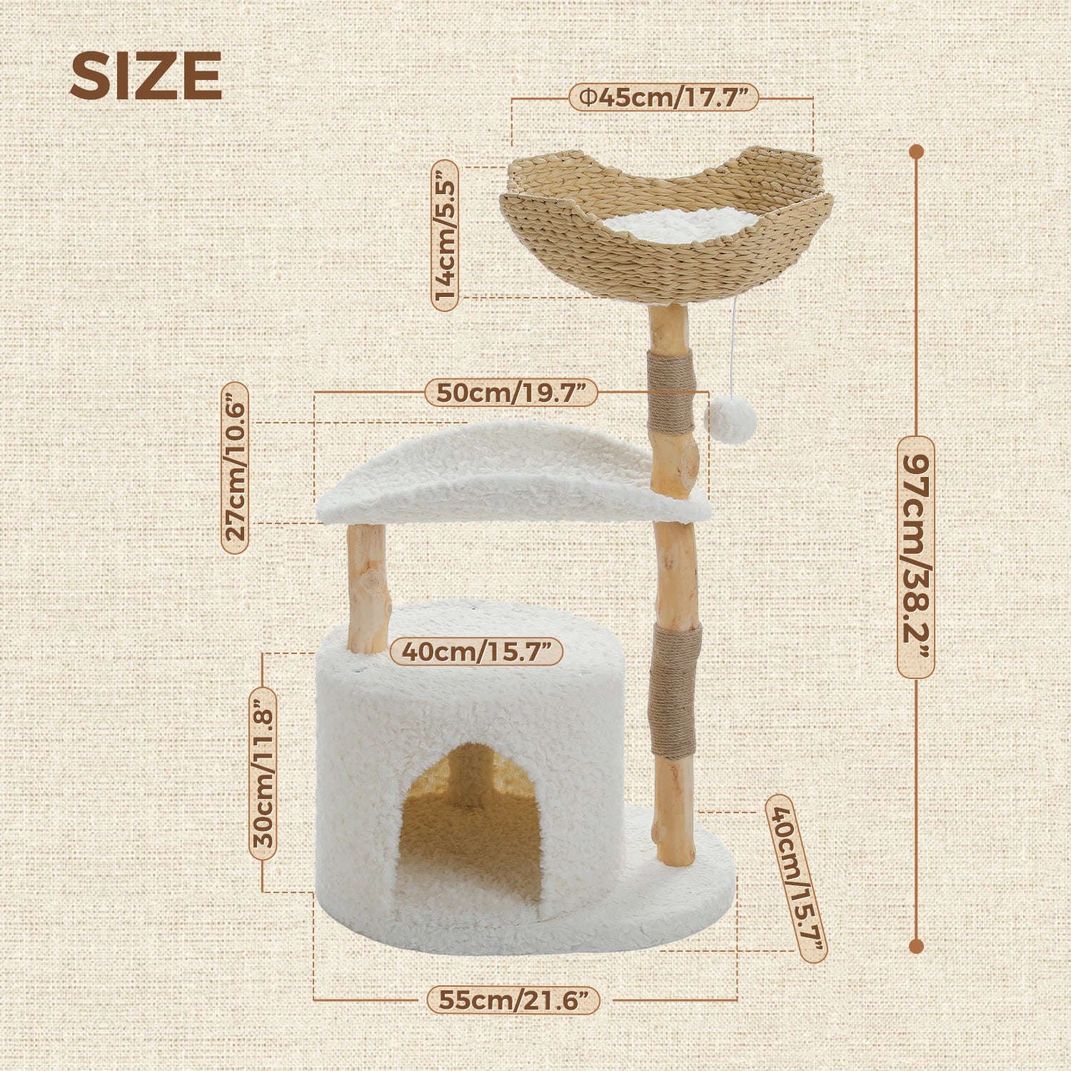 Functional Modern Cat Tree Tower with Large Woven Wicker Basket,Cozy Hammock,Natural Solid Wood Scratching Post, Cat Accessories