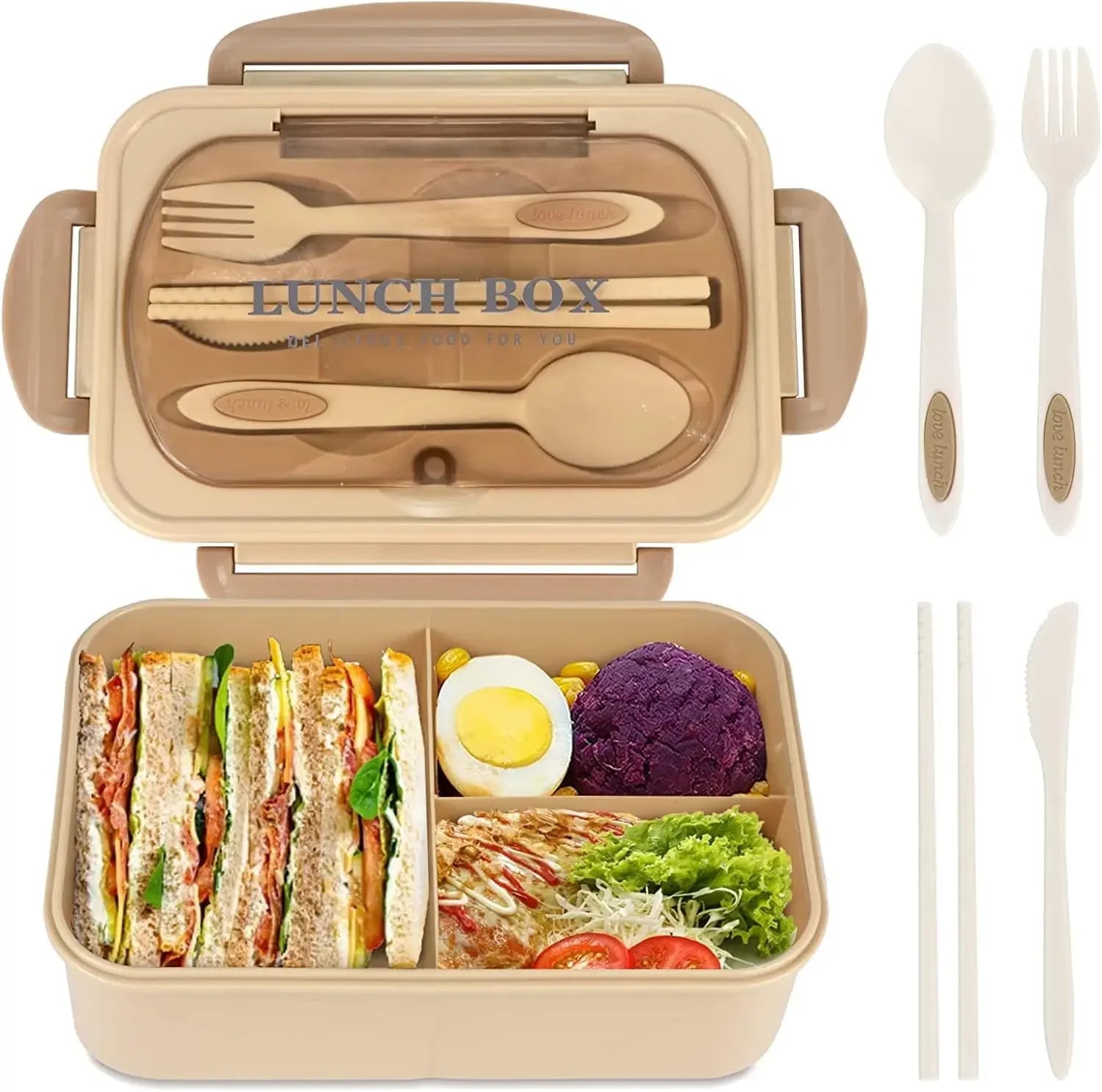 Boîte à bento repas 1200ML pour adultes, employés de bureau, pique-nique, boîte à déjeuner étanche avec couverts, bento box 3 compartiments, compatible micro-ondes