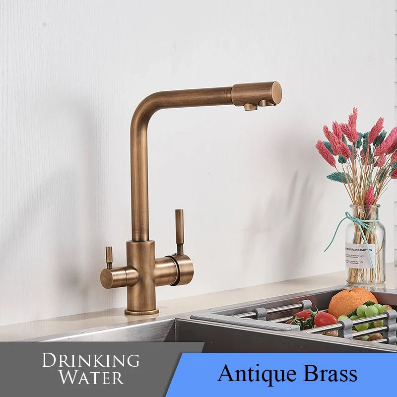 Chrome Kitchen Faucet Dual Swivel Spout Drinking Water Filter Brass Purifier Vessel Sink Mixer Tap Hot and Cold Water Torneira